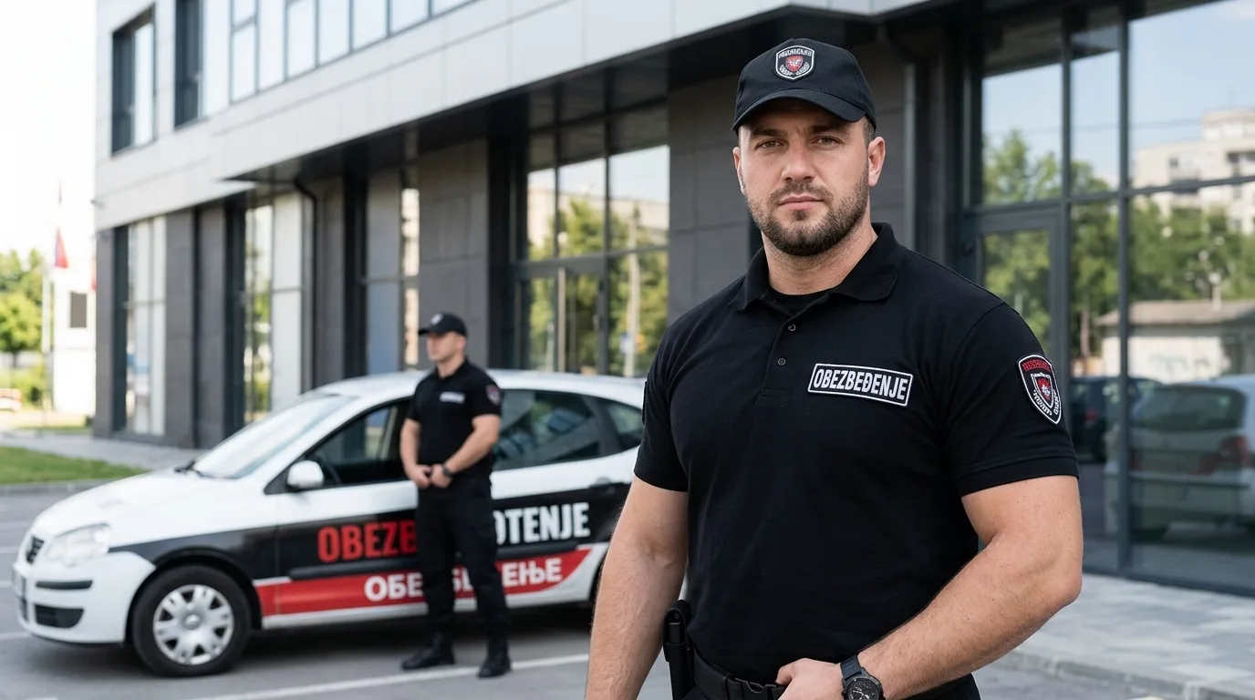 Fizičko obezbeđenje objekata — službenik i patrolno vozilo ispred poslovne zgrade